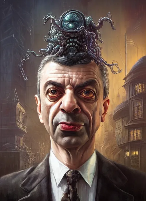 Image similar to lovecraft biopunk portrait of rowan sebastian atkinson by tomasz alen kopera and peter mohrbacher