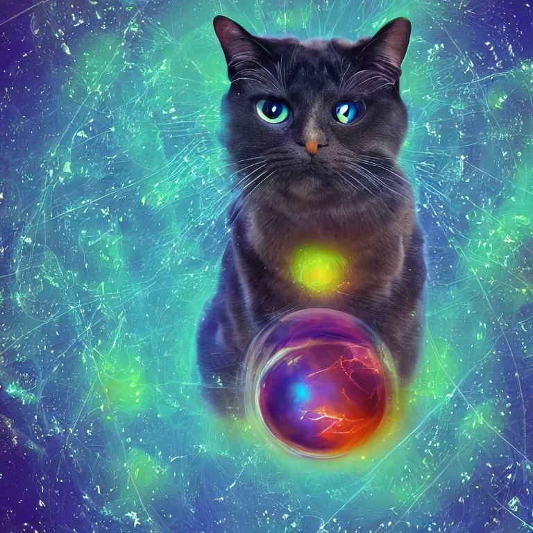 Image similar to an interdimensional cat, showing the secret of life, universe and everything, digital art