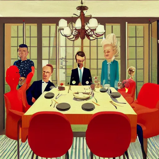 Prompt: A family lunch in the style of David Lynch, by Wes Anderson, surreal, concept art, wide angle, arstation