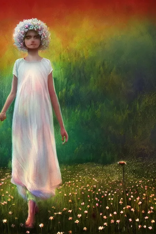 Image similar to giant white daisy flower head, girl with veil walking in a flower field, surreal photography, sunrise, dramatic light, impressionist painting, colorful clouds, digital painting, artstation, simon stalenhag