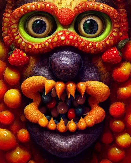 Image similar to portrait of a fruit figurine monster made of different fruit, staring eyes, open mouth, forest background, sunlight, concept art, oil painting, highly detailed, dramatic lighting, hyperrealistic, 8 k, smooth, intricate, artstation, cgsociety, by artgerm, by wlop