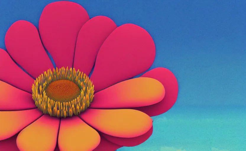 Image similar to one single stand alone huge hyperdetailed minimalist flower, seen from the long distance. by the sea. maximalist unexpected elements. free sky in plain natural warm tones. 8 x 1 6 k hd mixed media 3 d collage in the style of a childrenbook illustration in pastel tones. matte matte background. no frame hd