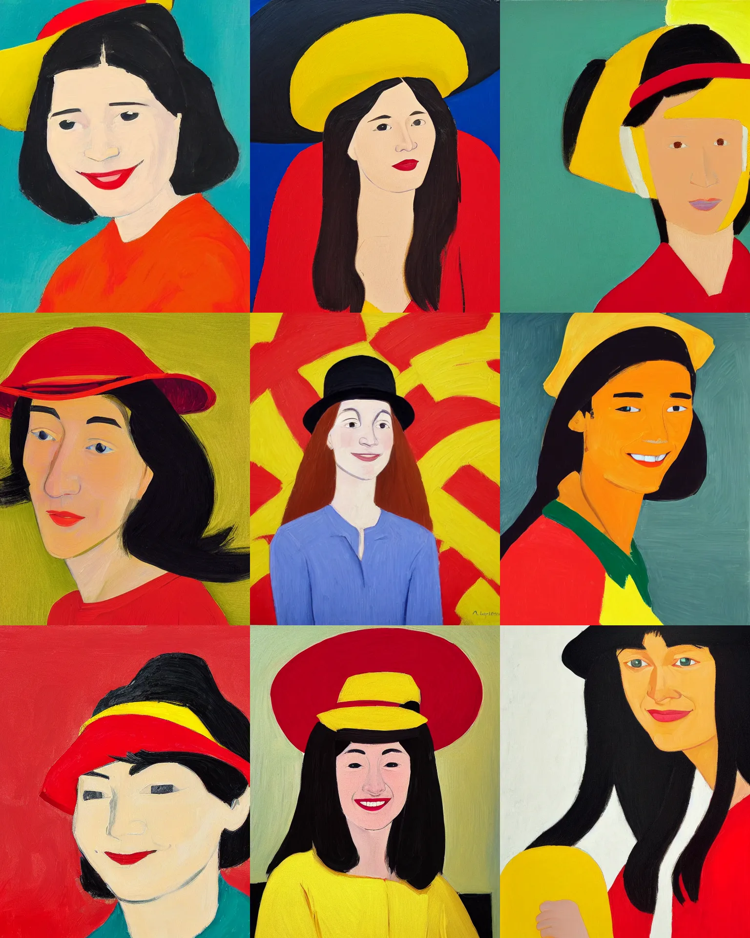 Prompt: portrait of a smiling young woman with hat, long hair and red shirt, yellow background, colorful, by alex katz, close up