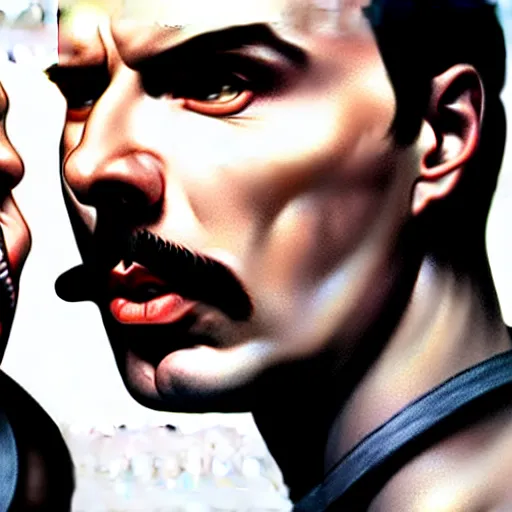 Prompt: wide - angle shot of egor letov and freddy mercury, photorealistic, highly detailed, digital art, by artgerm, 4 k