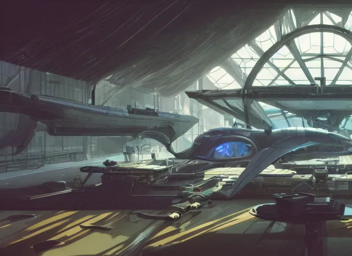 Image similar to low angle shot of a stretching on a mechanics workbench in a spaceport in a space opera studio ghibli animated film, volumetric lighting, octane render by anime, stanley artgerm lau, greg rutkowski, thomas kindkade, alphonse mucha, loish, norman rockwel, highly detailed