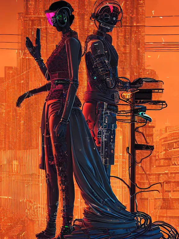 Prompt: a cyberpunk style illustration of two veiled female android queens kneel and pray with lots of complex mess of cables and wires behind them connected to giant computer,bowknot, fine lace, GUCCI, glittering, jewel embellishment, film lighting, by shibashake,Cedric Peyravernay,marie spartali Stillman,William Morris,Dan Mumford, trending on atrstation, full of color, mythological, high detailed,golden ratio,cinematic lighting