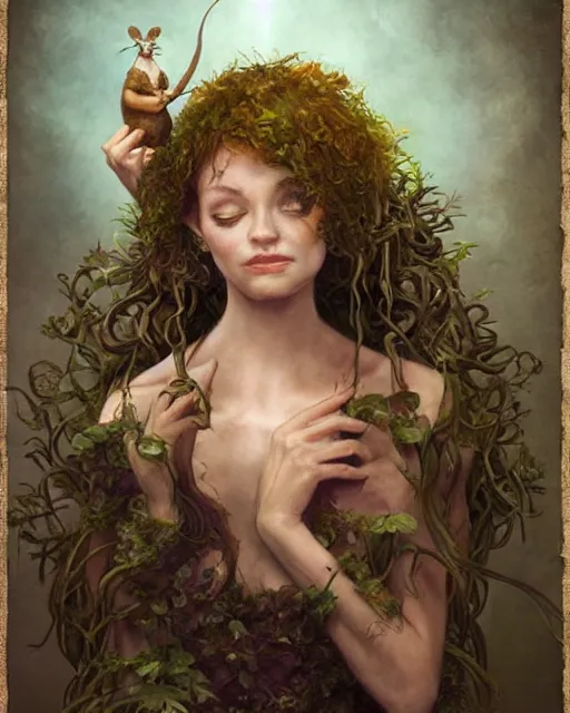 Image similar to portrait character design painting, dryad musician inspired by brian froud, portrait, accompanied by a cute feathered mouse, studio lighting by jessica rossier and brian froud and gaston bussiere