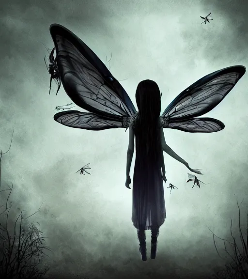 Image similar to gothic fairy with dragonfly wings, digital painting, liminal eerie midnight backlit, a picture taken by Michael Komarckand Daniel Dos Santos