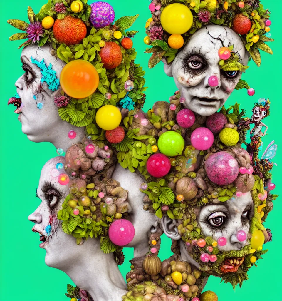 Prompt: headshot of a trickster nature zombie fairy, head made of fruit and flowers in the style of arcimboldo, fragonard, covered with glassy bubbles and snails, digital illustration, dynamic lighting, action figure, clay sculpture, claymation, turquoise pink and yellow, rainbow stripe backdrop