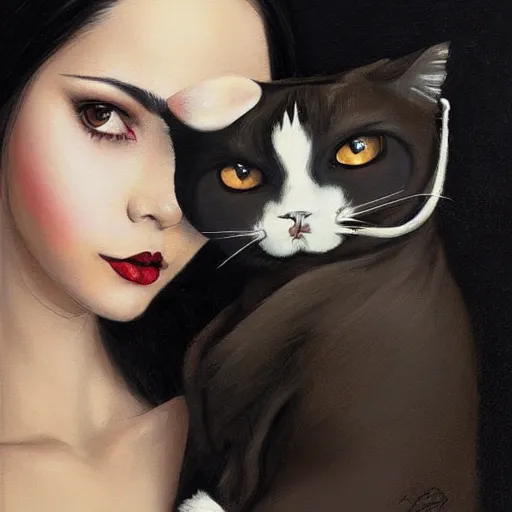 Image similar to a painting of mexican woman, with long dark hair, thick eyebrows, dark eyes and dark circles wide nose, big eyes, oval face, big cheeks holding her cat, photorealistic painting by tran nguyen ilya kuvshinov and greg rutkowski featured on deviantart, gothic art, goth, gothic, detailed painting