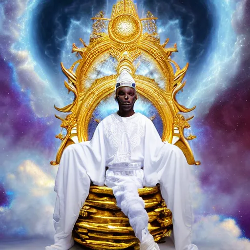 Image similar to obatala the cosmic god wearing all white and gold sitting on a throne of nebula clouds, by Adi granov and afarin sajedi in a surreal portrait style, matte painting, volumetric lighting, piercing eyes, detailed face, orisha, 8k, hd