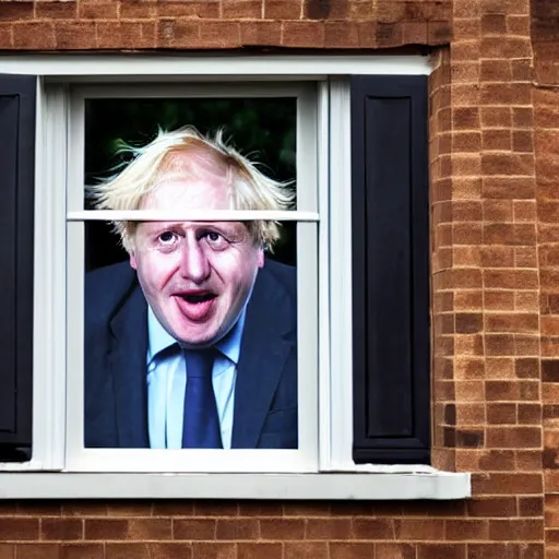 Image similar to window blinds in a house being pulled back to reveal a terrifying boris johnson with his face pressed against the window with his hand on the window and a horrifying grin. horror, black and white