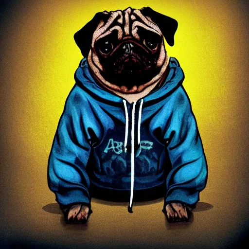 Prompt: a sad pug wearing a hoodie, the word'sad'is written on the hoodie in upper case letters, digital art, synthwave style, trending on artstation, matte painting, sticker