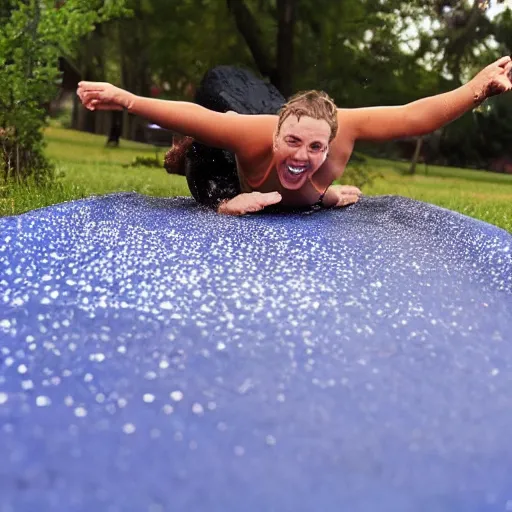 Image similar to adult sliding down chocolate pudding slip n slide legs first, professional photo taken at the park