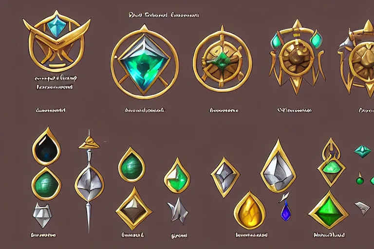 Prompt: design sheet of various alchemist tools, magic gems, props