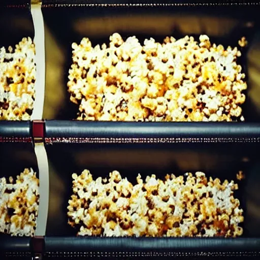 Prompt: movie theater popcorn with ketchup instead of butter, photo, movie theater interior background, photo taken from the top row of seats looking out at the movie screen