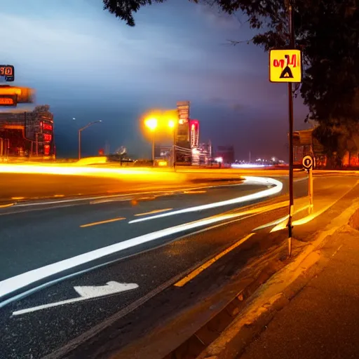 Prompt: roadside in a big city, night photography