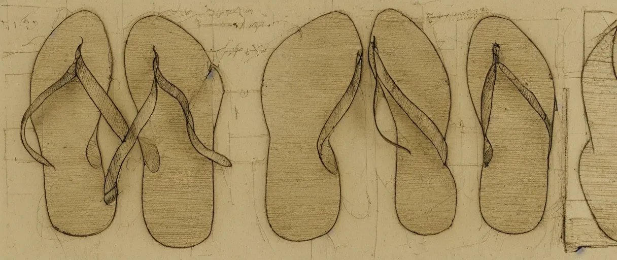 Image similar to detailed blueprint sketches of flip flops, labelled, high detail, realistic, professional, notes, diagram, by leonardo davinci, on yellow paper, worn, pencil, sketch