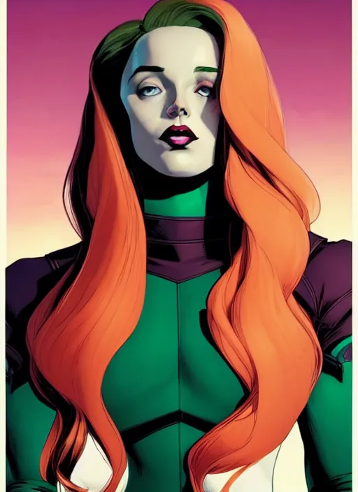 Image similar to Rafeal Albuquerque comic art, Joshua Middleton comic art, cinematics lighting, sunset colors, pretty female Madelaine Petsch Rogue x-men marvel, big smirk, symmetrical face, symmetrical eyes, long red hair and white hair, with white streak in hair, full body, flying in the air, sunset