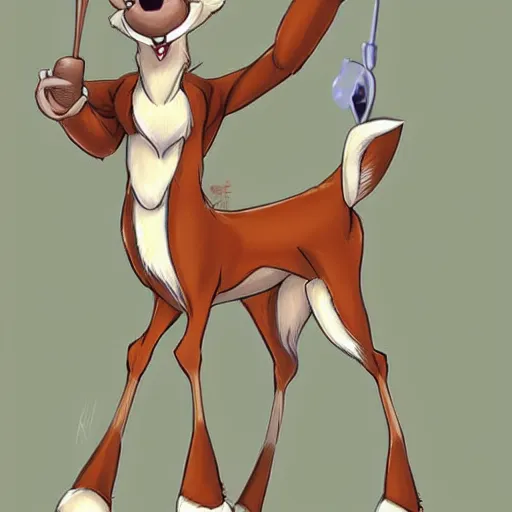 Image similar to an anthropomorphic deer, fursuit!!!!! by don bluth, by kawacy, trending on artstation, full body