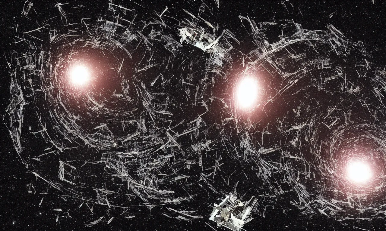 Image similar to space junk forms tiled vortex in empty dark space, octane render