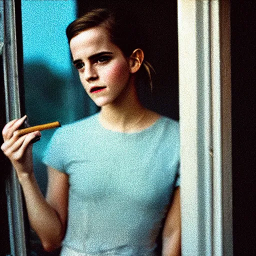 Prompt: Photograph of Emma Watson holding a cigarette by the window. Golden hour, dramatic lighting. Medium shot. CineStill