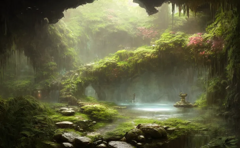 Prompt: painting of an interior of a hidden japanese hotspring in a small cave, fantasy, lush plants and flowers, natural light, concept art, by greg rutkowski, cozy atmospheric and cinematic lighting, trending on artstation