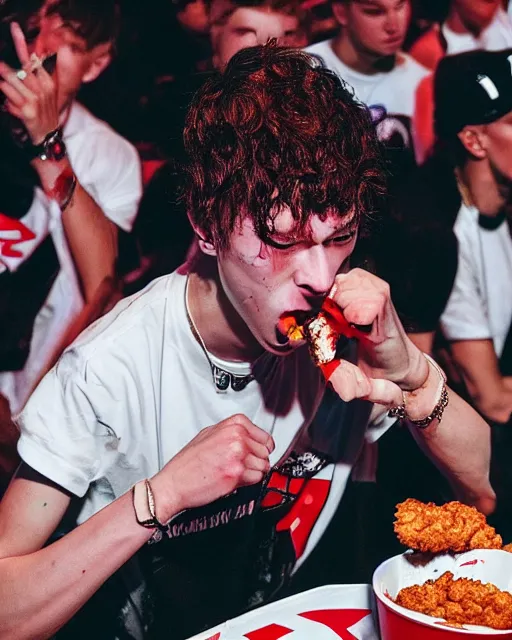 Image similar to “ extremely detailed photo of bladee eating kfc on stage at the drain gang concert ”