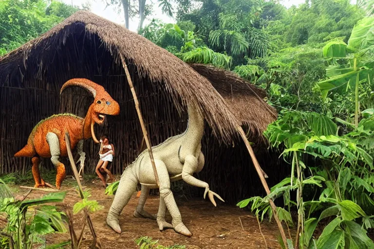 Image similar to a 4 meter tall previously unknown living bipedal herbivore dinosaur destroying hut by eating the thatched roof in a small jungle settlement, shaky grainy amateur photos by witnesses