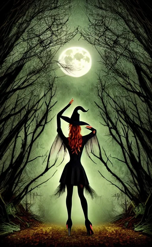 Image similar to witch standing pose in an enchanted forest wearing high heels under a full moon, fantasy gothic art style