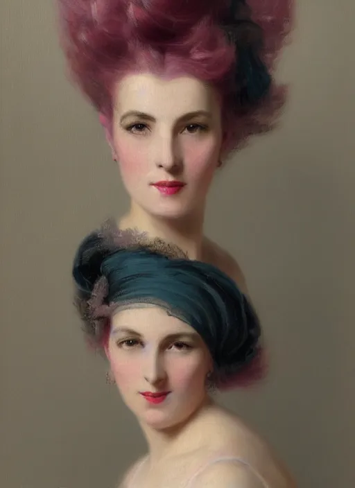 Prompt: a detailed portrait of woman with a mohawk by edouard bisson, year 1 9 5 0, pink hair, punk rock, oil painting, muted colours, soft lighting