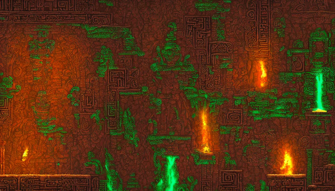 Prompt: majestic ancient mayan temple horizontal tunnel, side-scrolling 2d platformer game level, illuminated by torch lights, ruins with mayan glyphs, volumetric light , detailed carved ornaments, rich color, upscale , 8k