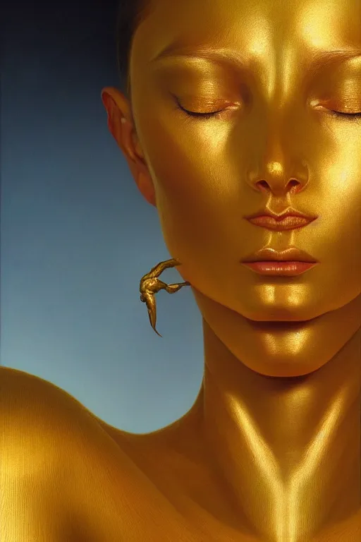 Prompt: Hyper realistic portrait of a goddess in a gold fluid simulation in the background, Cinematic lighting, ultra super good realistic 3D render by Gerald Brom and Zdzisław Beksiński, symmetry, insanely detailed, trending on artstation, 8k