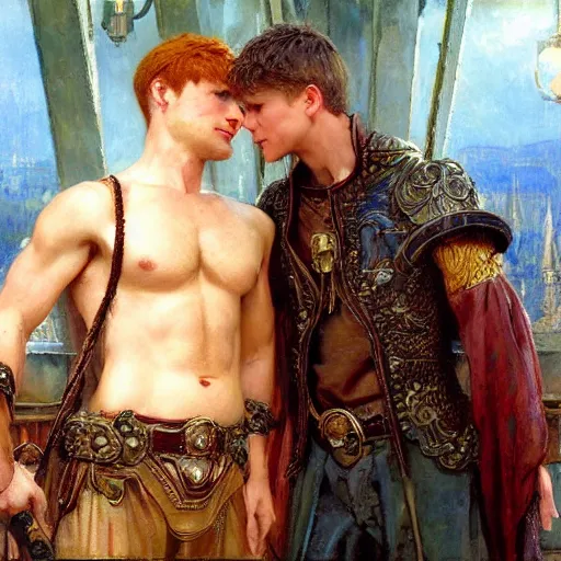 Image similar to attractive male arthur pendragon confesses his love to attractive male merlin. highly detailed painting by gaston bussiere, craig mullins, j. c. leyendecker 8 k