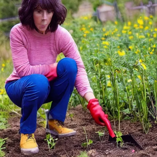 Image similar to a pixar character, a beautiful and mad canadian woman, on her knees, pulling weeds out frantically, some grey hair, stripey pants,