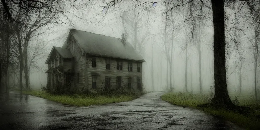 Prompt: old house at the end of a forest road in the rain, creepy ambiance, high focus, highly detailed