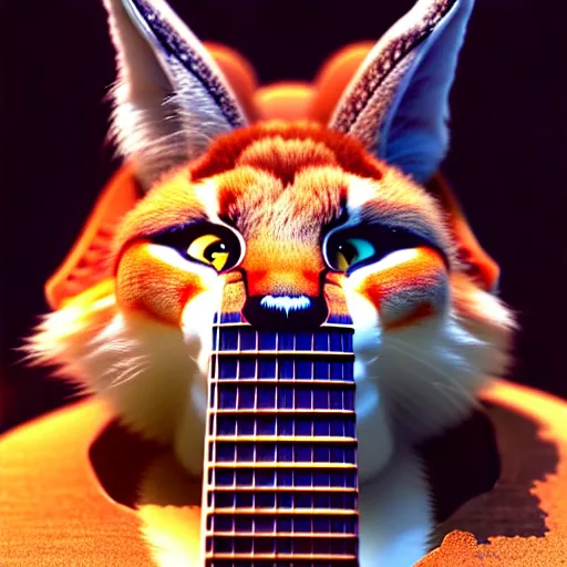 Image similar to cute fluffy caracal playing a guitar, fully detailed, high quality , 4k , octane render , soft light , masterpiece