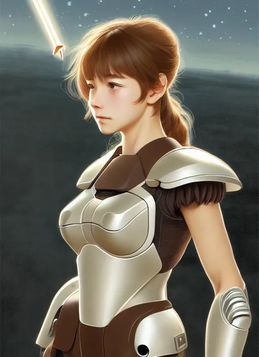 Image similar to young mysterious girl with light hazelnut hair with side swept bangs, perfectly proportioned face, brown eyes, strong square jawline, natural lighting, path traced, highly detailed, high quality, cartoon, digital painting, by new haicheng and studio ghibli and alphonse mucha wearing an cyborg space armor designed by neill blomkamp