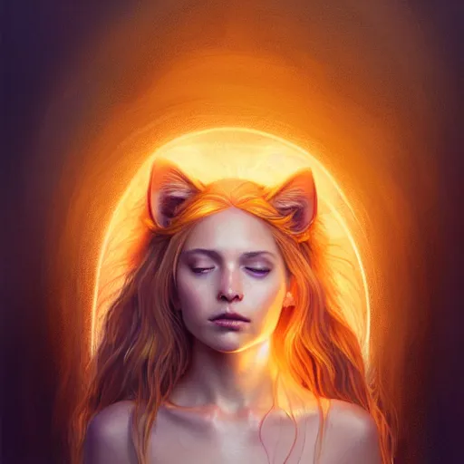 Image similar to Portrait of a girl angel with pale orange colored frizzy strands of illuminated hair, cat ears on her head, glowing halo, Lion's Mane, Lion's Gate, fantasy, intricate, elegant, highly detailed, digital painting, artstation, concept art, smooth, sharp focus, illustration, art by Krenz Cushart and Artem Demura and alphonse mucha