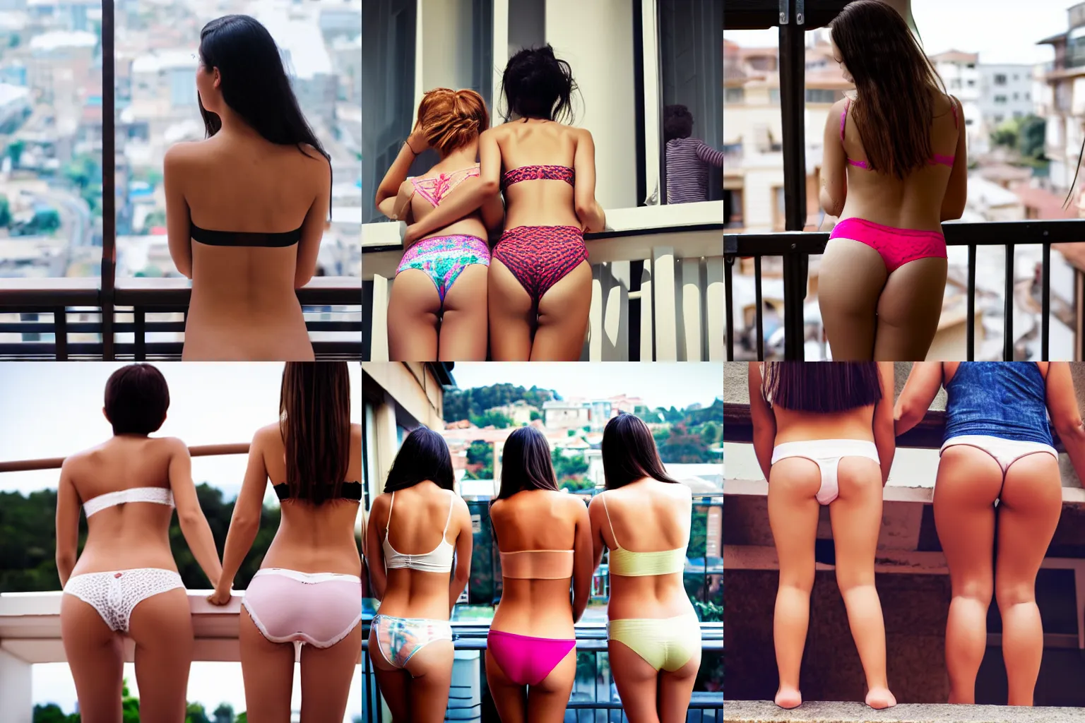 Prompt: look from behind girls on underwear looking over a balcony detailed cinematic picture low angle