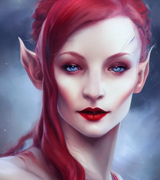 Image similar to A detailed matte oil on canvas head on symmetrical fanart portrait of a distinguished elven woman with red and blue hair by Charlie bowater and lise deharme wlop, trending on artstationhd, dungeons and dragons art critical role