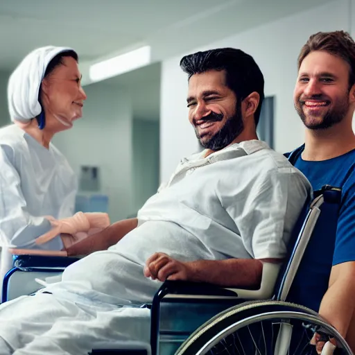 Image similar to a male patient in a wheelchair in the hospital with his wife and son standing by. happy, cheerful, intricate, sharp focus, artstation, cinematic, 8 k, award winning