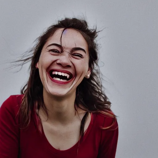 Prompt: first - person photograph of a woman laughing histerically, white space, 4 k, professional photography, extreme detail, realistic facial features, eye contact