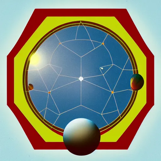 Image similar to hexagon between the sun and planet earth, trending on art station, art deco, retro futurism, realistic, perspective