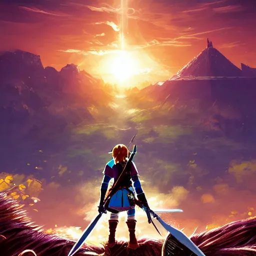 Image similar to a ultra detail picture portrait of A warrior in shimmering armor, the sun at their back, strides forward with sword held high. They are the embodiment of courage and strength, and they are ready to fight for what is right. vivid tones, wide angle, by miyazaki, nausicaa ghibli, breath of the wild, 8k, photorealistic,