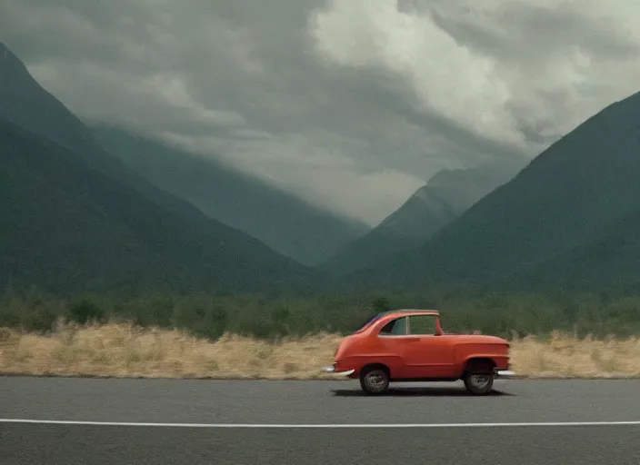 Image similar to A very high resolution image from a new movie, landscape from a car window , mountains, raining, hot, directed by wes anderson