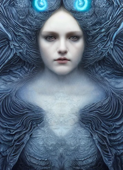 Image similar to Her huge ominous glowing blue eyes staring into my soul , perfect eyes, soft pale white skin, intricate stunning highly detailed, agostino arrivabene, WLOP, twisted dark lucid dream, 8k portrait render, raven wings, swirling thick smoke , beautiful lighting, dark fantasy art, cgsociety