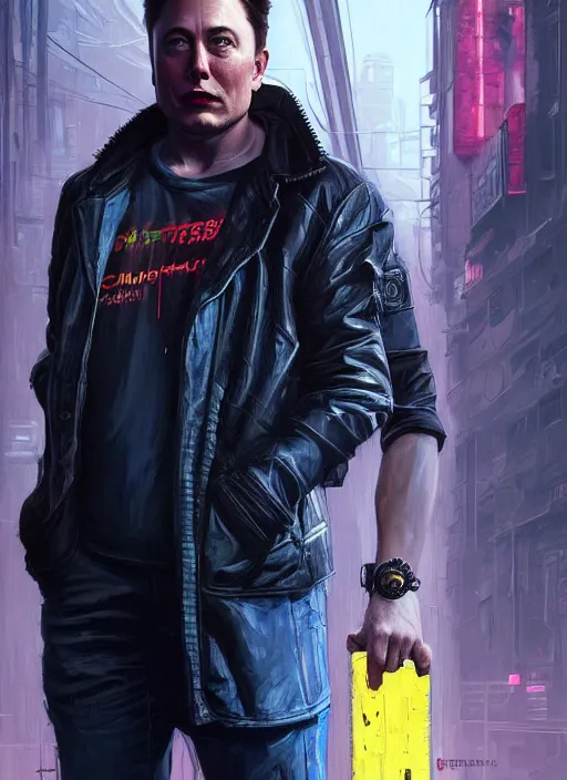 Image similar to portrait of elon musk as a homeless character in cyberpunk 2 0 7 7, looking at camera, intricate, dystopian, sci - fi, extremely detailed, digital painting, artstation, concept art, smooth, sharp focus, illustration, intimidating lighting, incredible art by artgerm and greg rutkowski and alphonse mucha and simon stalenhag