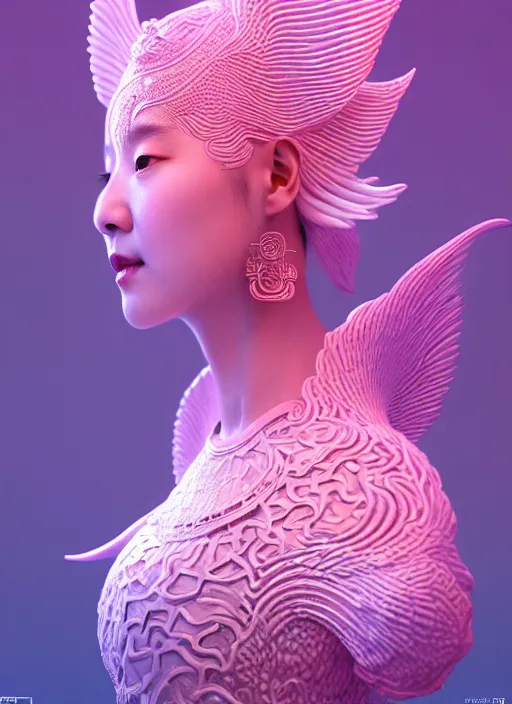 Image similar to 3 d goddess medium shot profile portrait. beautiful intricate highly detailed korean gumiho mask and traditional korean hanbok. stingray, magpie, bio luminescent, plasma, lava, ice, water, wind, creature, purple fog, artwork by tooth wu and wlop and beeple and greg rutkowski, trending on artstation,