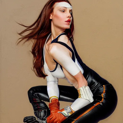 Image similar to a portrait of a woman wearing a white tank top and wearing lether gloves with black jeans and helmet, highly detailed, centered, digital painting, artstation, concept art, donato giancola, Joseph Christian Leyendecker, WLOP, Boris Vallejo, Breathtaking